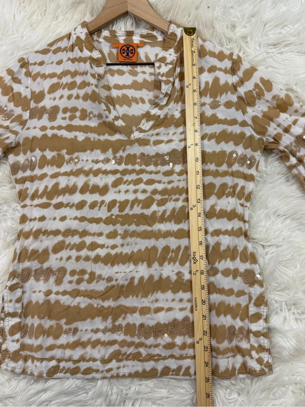 Tory Burch Stephanie Blouse 3/4 sleeves split v-neckline sequin embellishment